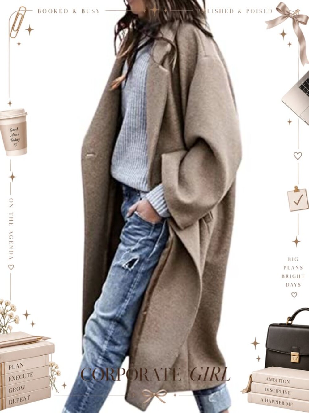 Wool Blend Trench Coat Notched Collar Button Midi Long Loose Fall